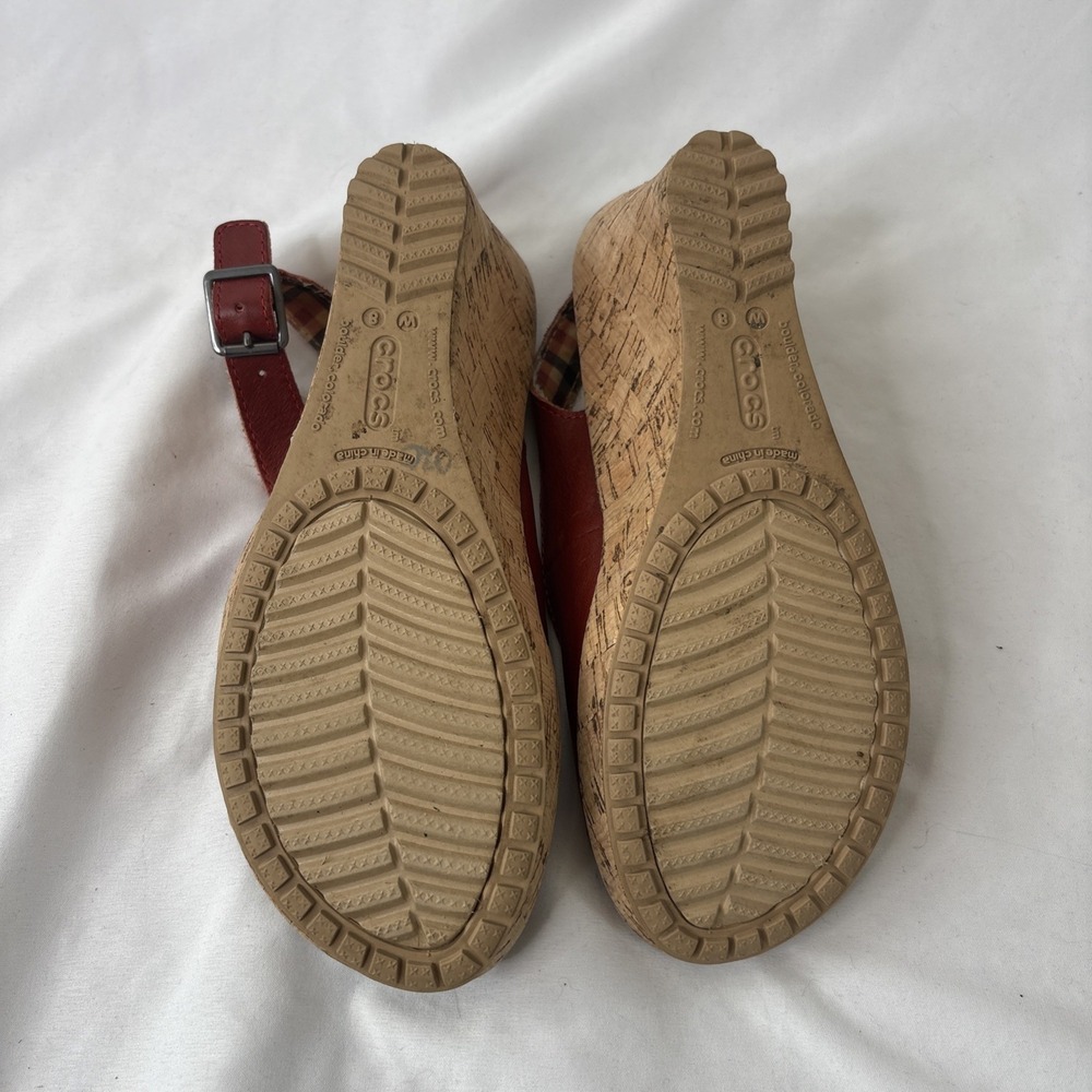 CROCS A-Leigh Leather Cork Wedge Slingback Sandals Size 8 Orange/Red Boho Shoes - Picture 6 of 7
